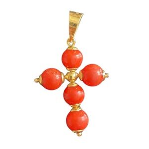 18K GOLD CORAL BEAD CROSS PENDANT